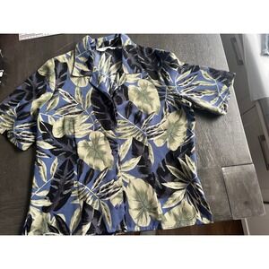 TanJay Womens Short Sleeve Tropical Leaf Print Button Up Shirt Blue Green SZ 10